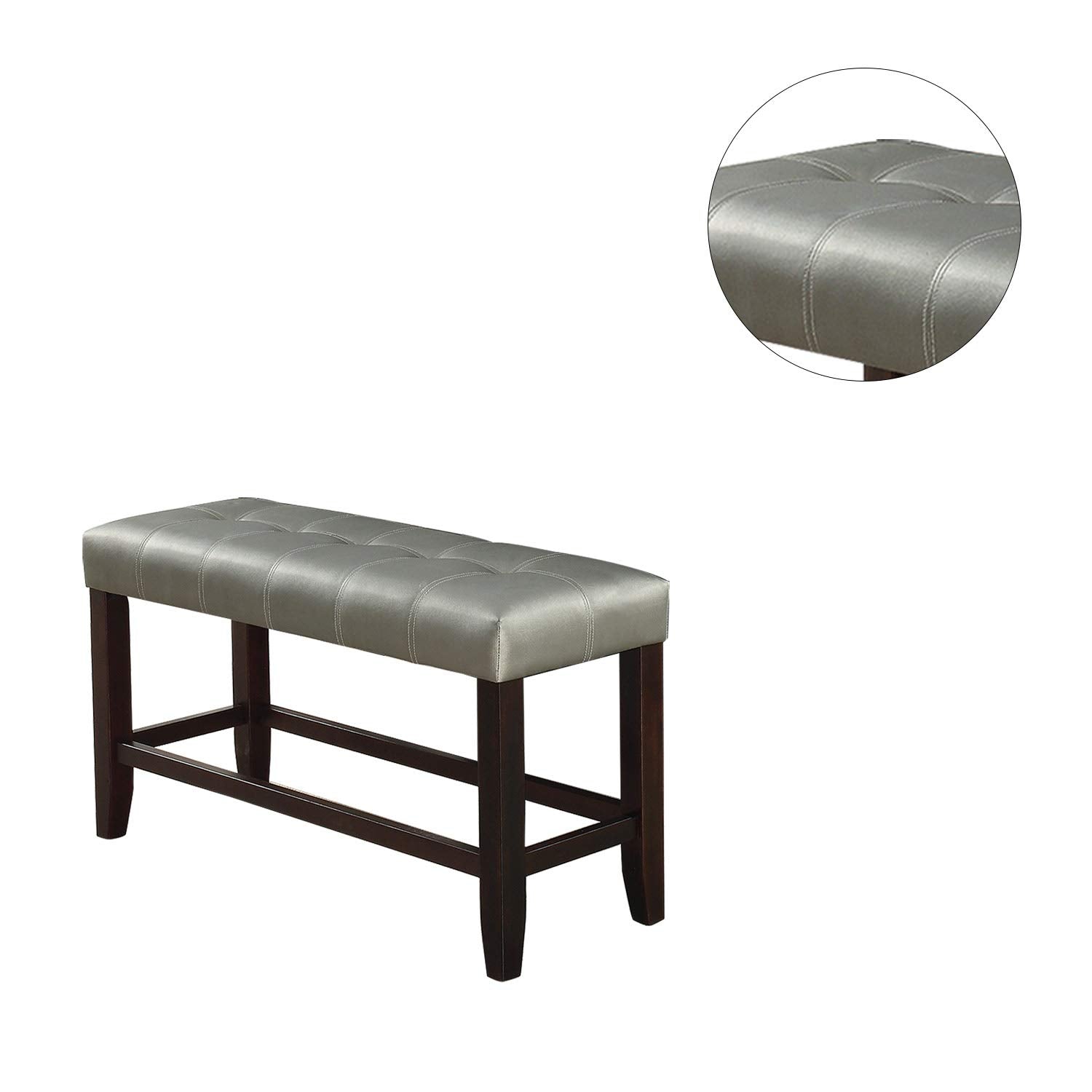 Tufted grey faux leather bench with dark wood legs