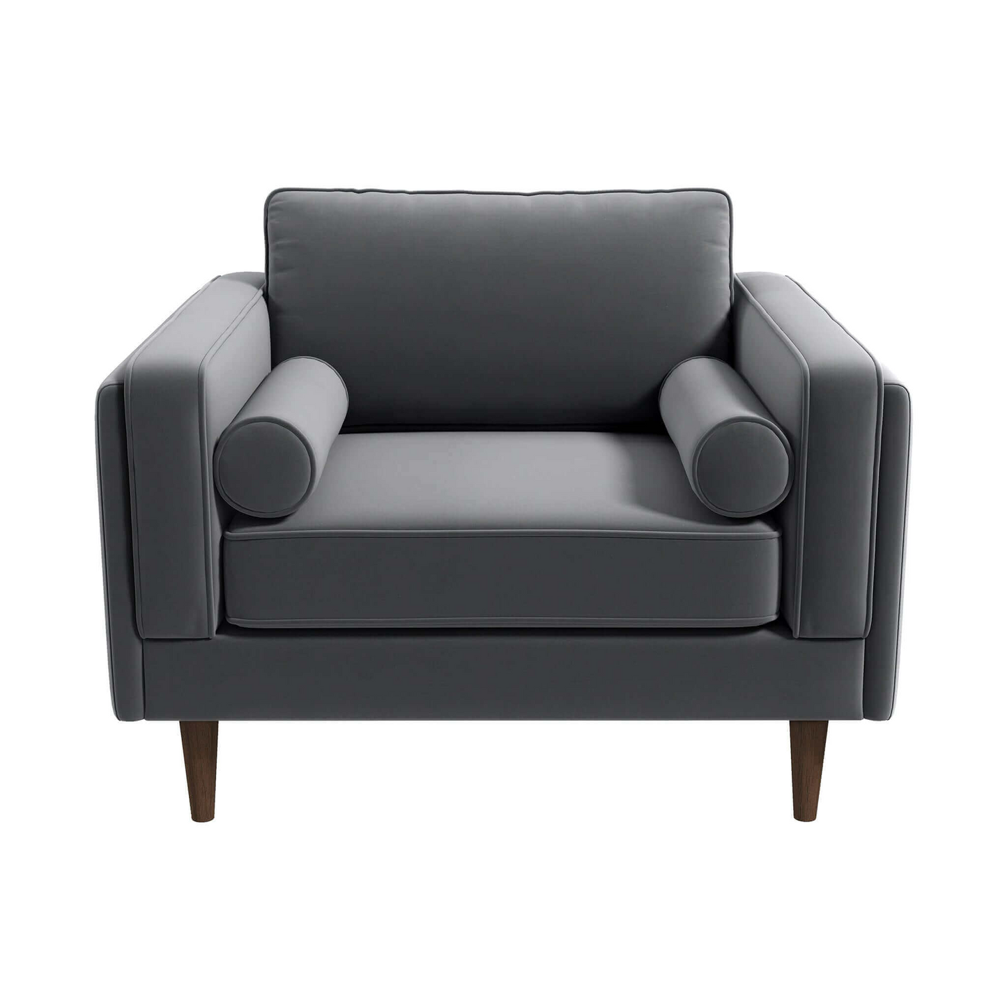 Modern gray velvet accent chair with two bolster pillows elegant design