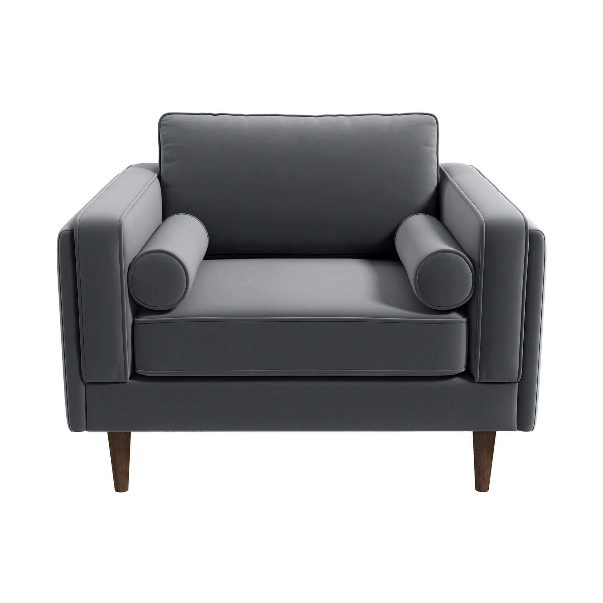 Modern gray velvet accent chair with two bolster pillows elegant design