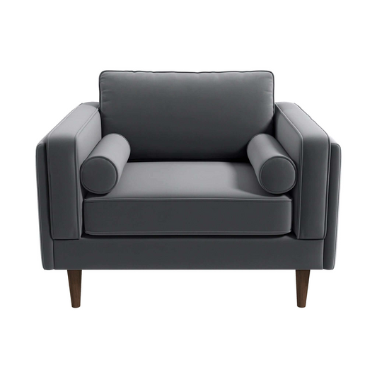 Modern gray velvet accent chair with two bolster pillows elegant design