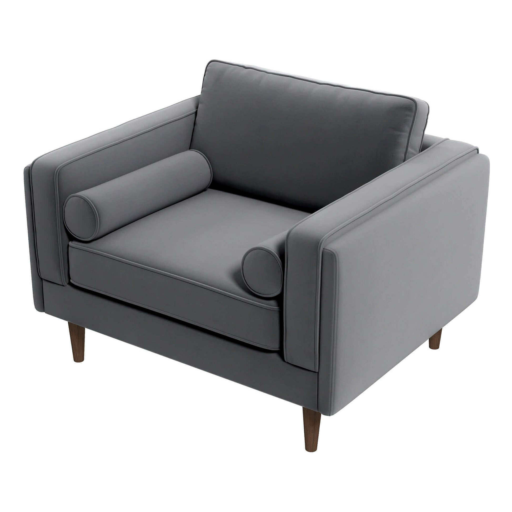 Stylish grey upholstered accent chair with bolster pillows and tapered legs
