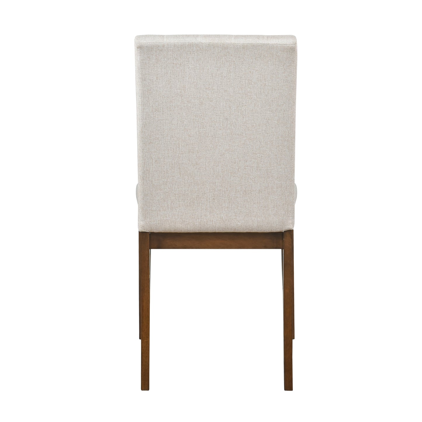 Back view of a light beige upholstered dining chair with dark wood legs