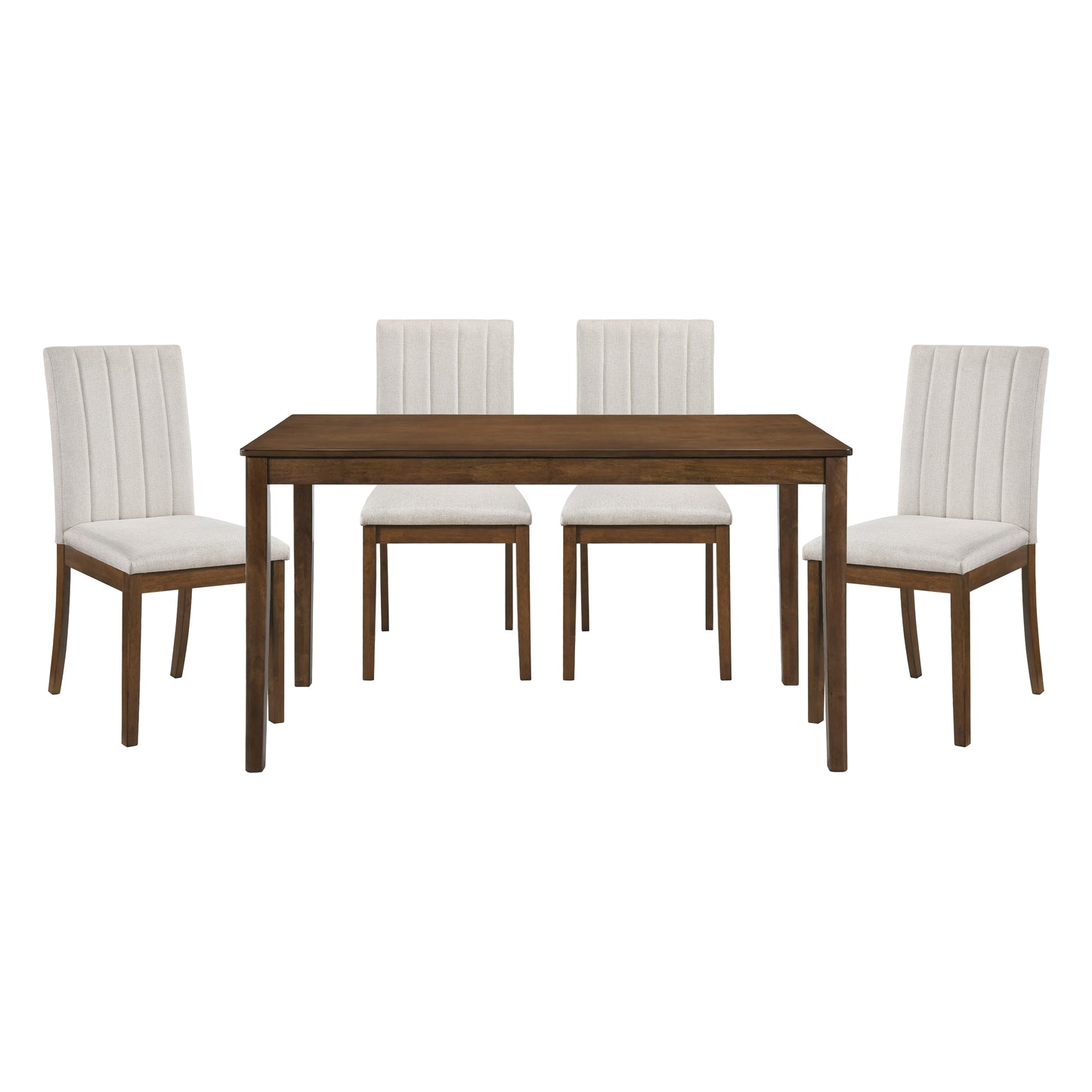 Dark brown wood dining table with four neutral fabric upholstered chairs with channel tufting