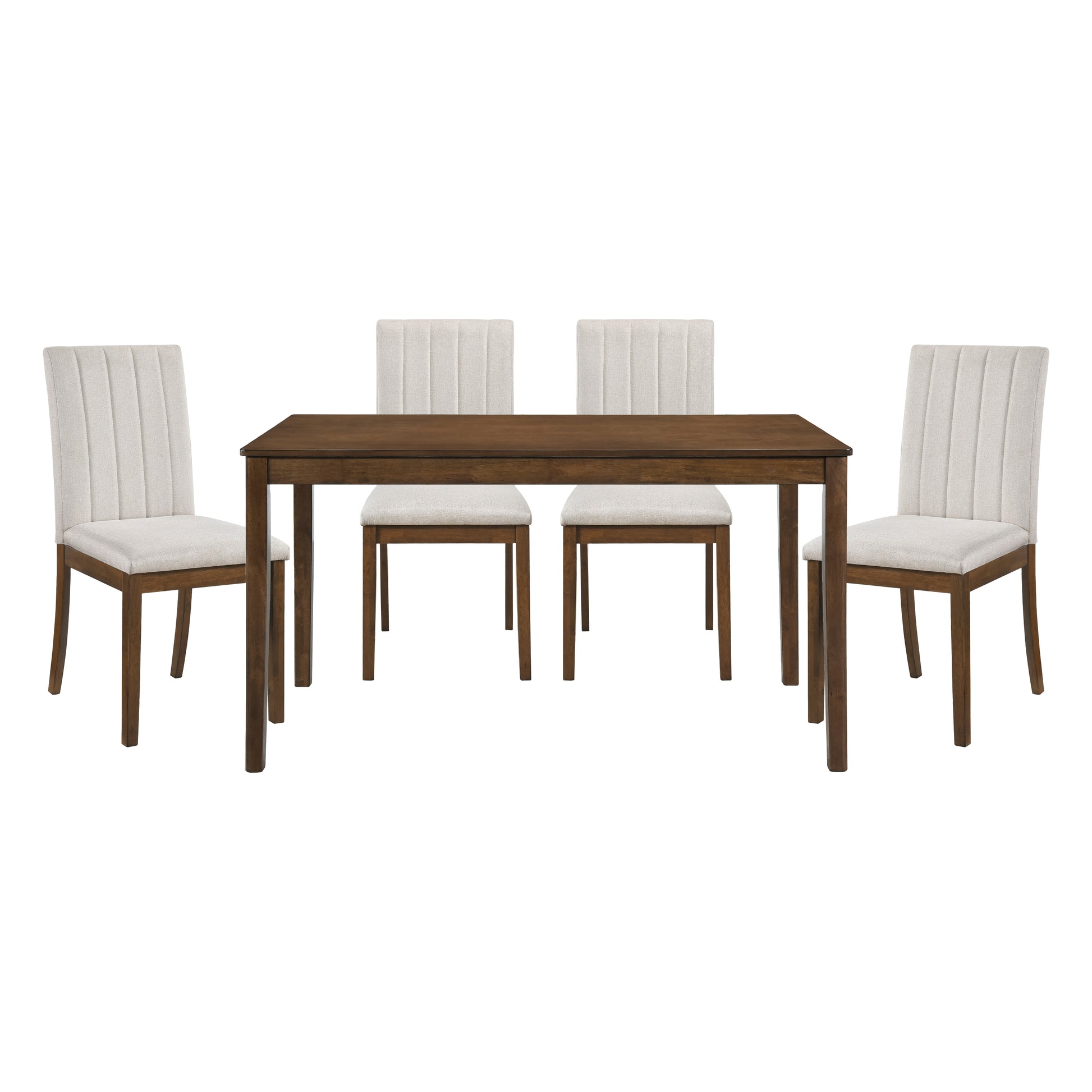 Dark brown wood dining table with four neutral fabric upholstered chairs with channel tufting