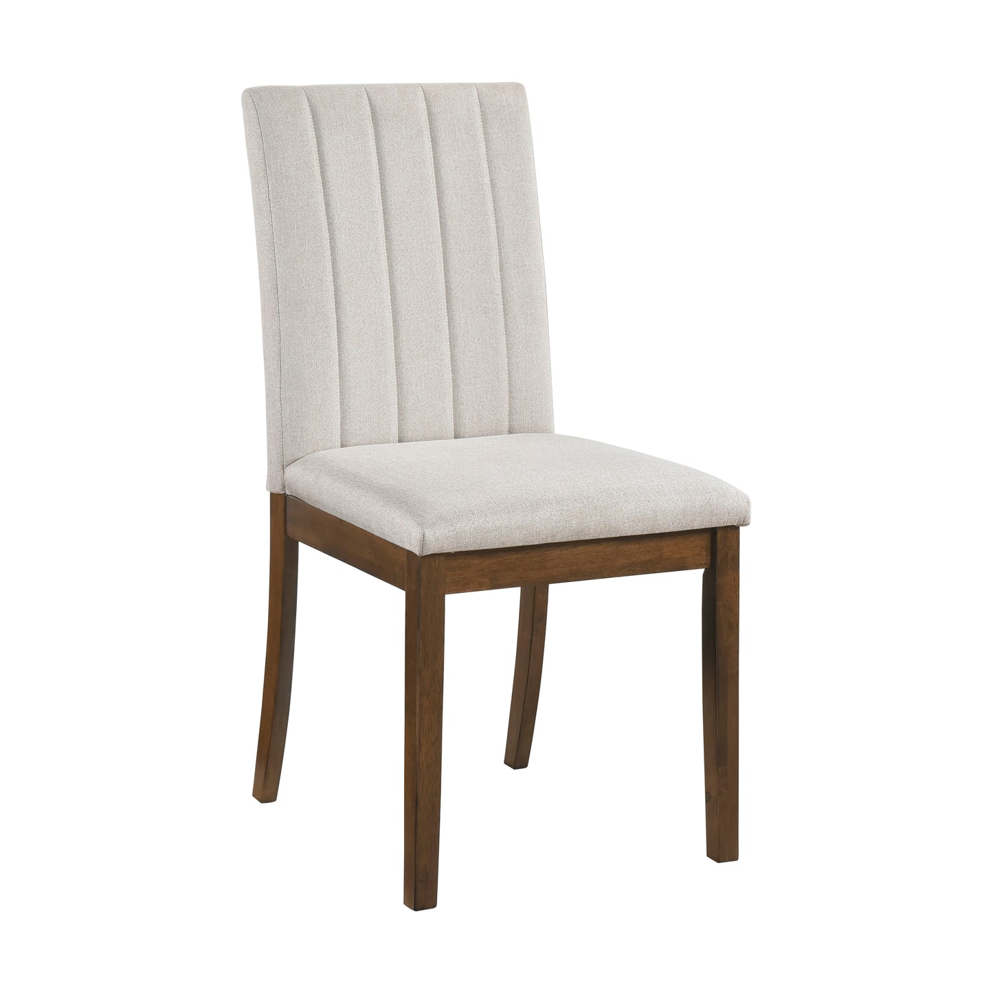 Light beige upholstered dining chair with vertical channel tufting and dark wood legs