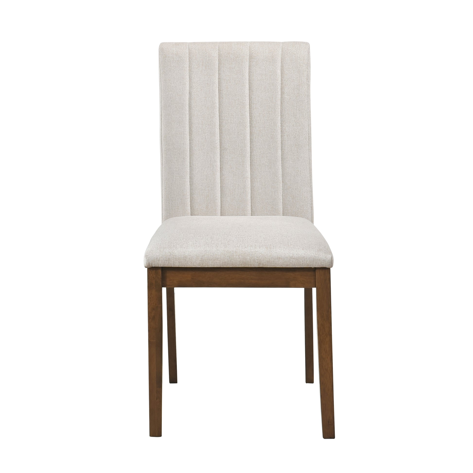 Upholstered dining chair with vertical channel tufting in beige fabric and dark wood legs