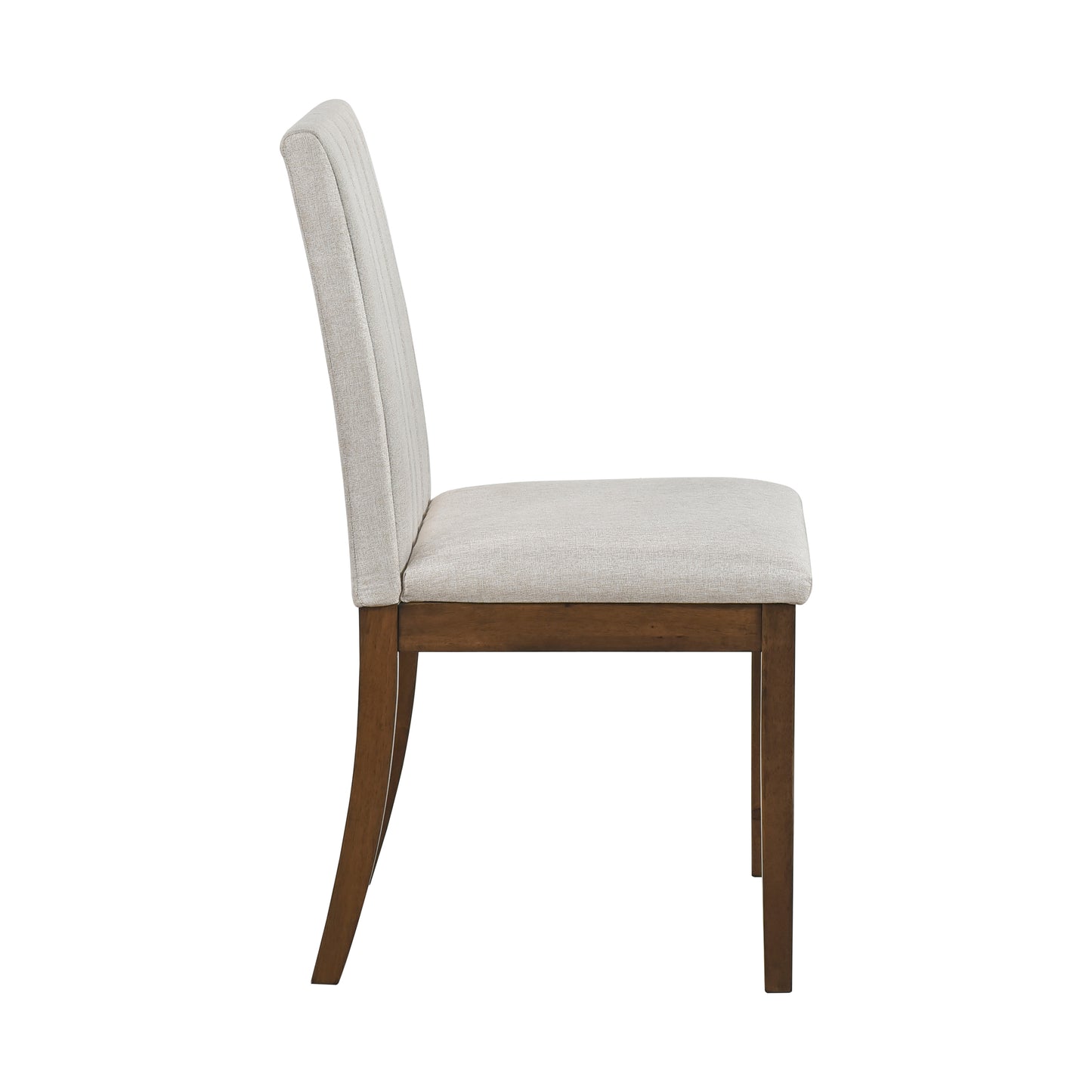 Side view of a light beige upholstered dining chair with tufted back and dark wood legs