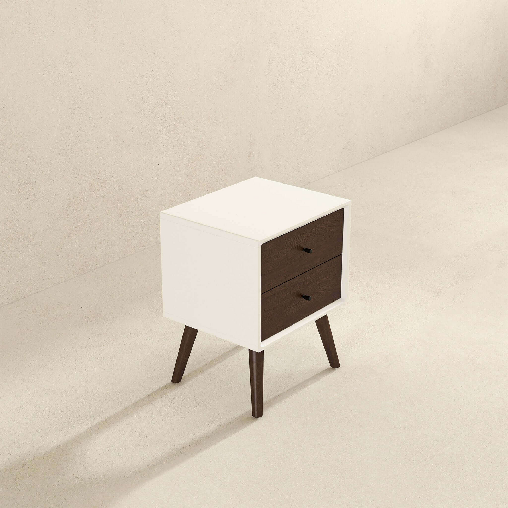 White midcentury modern nightstand with two dark wood drawers and tapered legs for bedroom storage