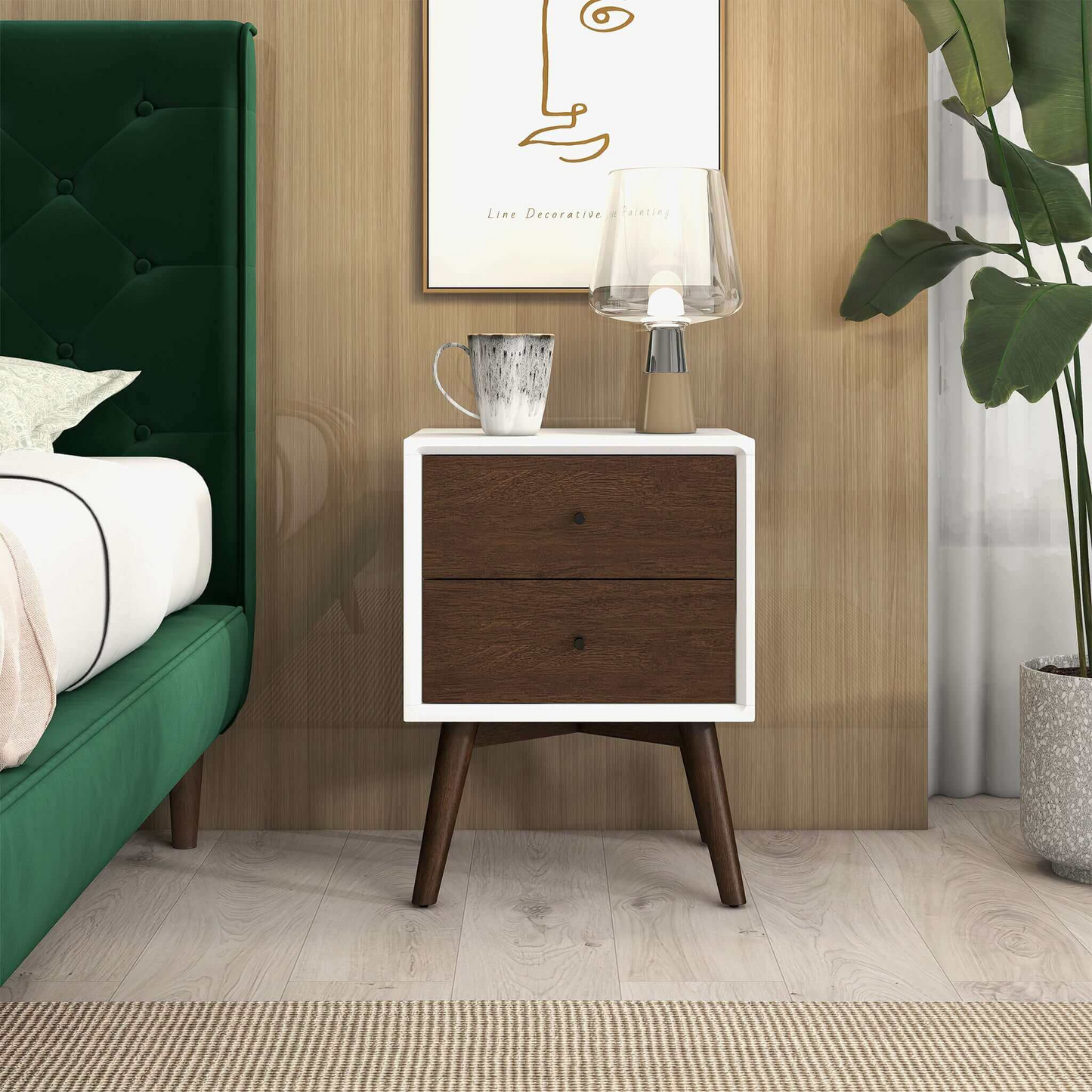 White and dark wood nightstand with two drawers and tapered legs