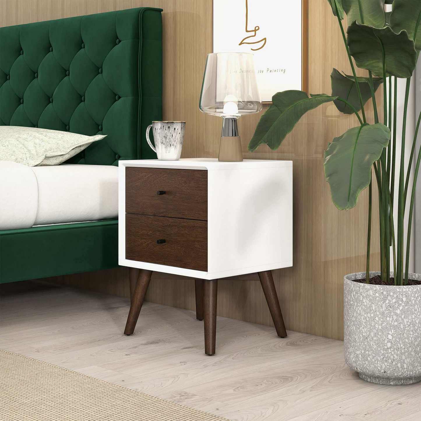 White and walnut bedside table with two drawers and angled wooden legs a modern accent for bedrooms