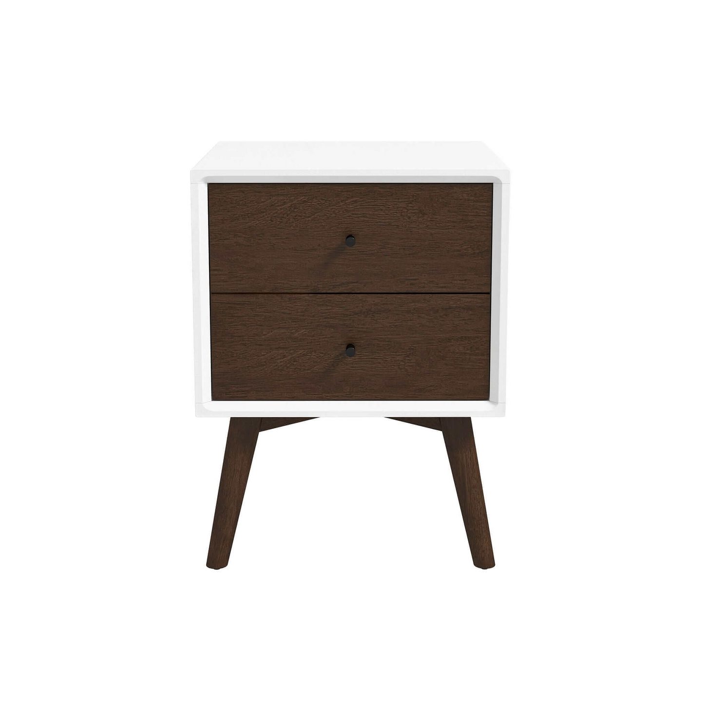 White and dark wood twodrawer midcentury modern nightstand with tapered legs