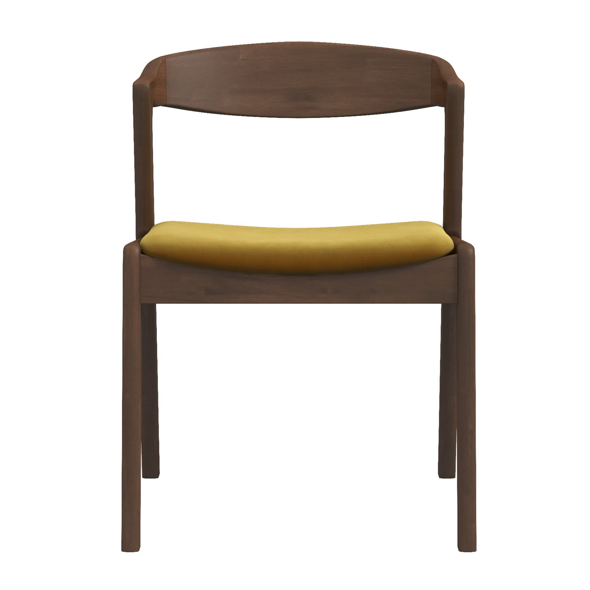 Modern walnut dining chair with a mustard yellow upholstered seat and curved backrest