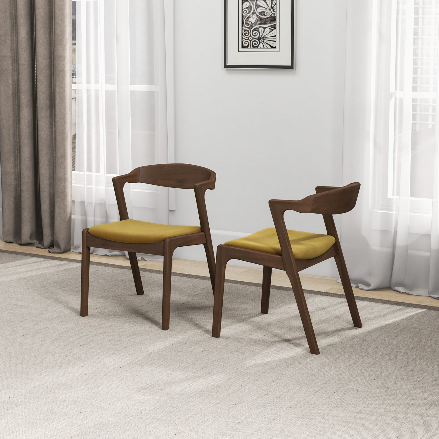Two modern dining chairs with dark wood frames and yellow velvet seats