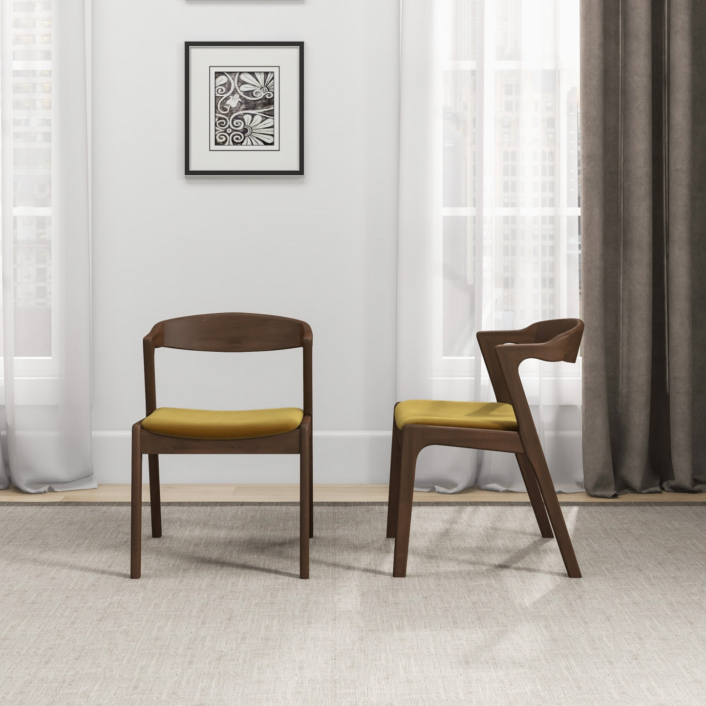 Dark wood dining chair with mustard yellow upholstered seat and curved backrest