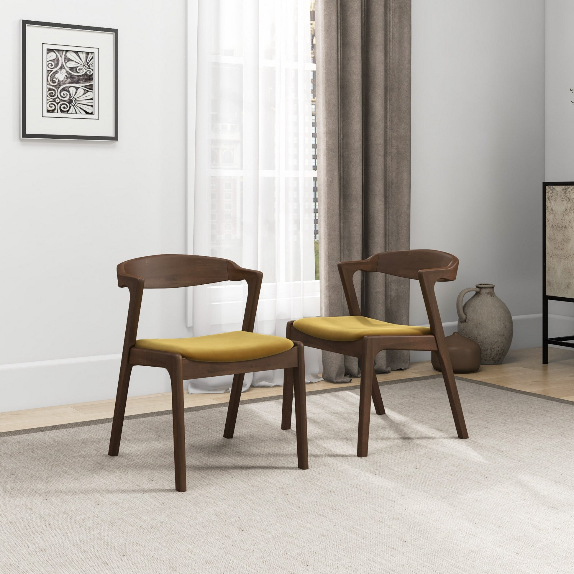 Two dark wood accent chairs with mustard yellow seats sit on a neutral rug