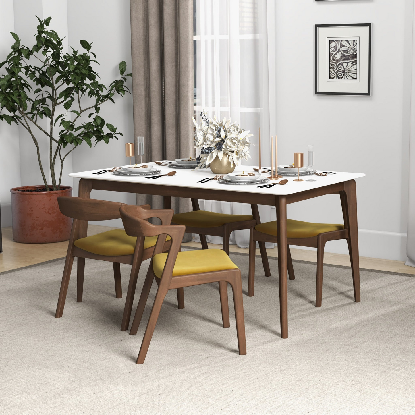 Midcentury modern dining set with white table and four yellow upholstered chairs