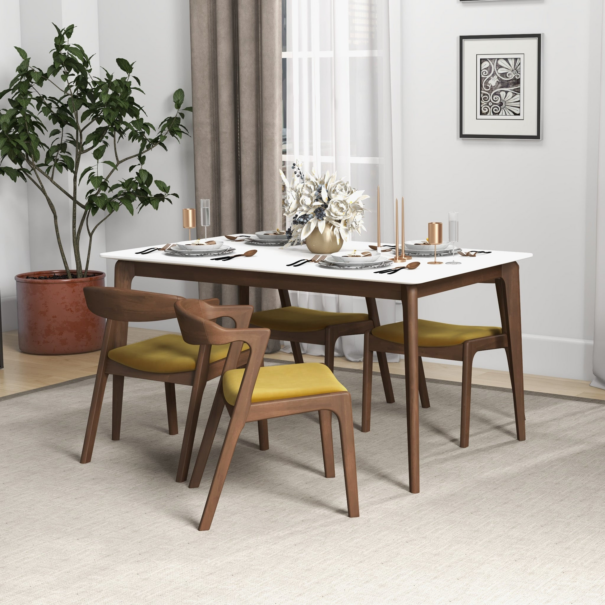 Midcentury modern dining set with white table and four yellow upholstered chairs