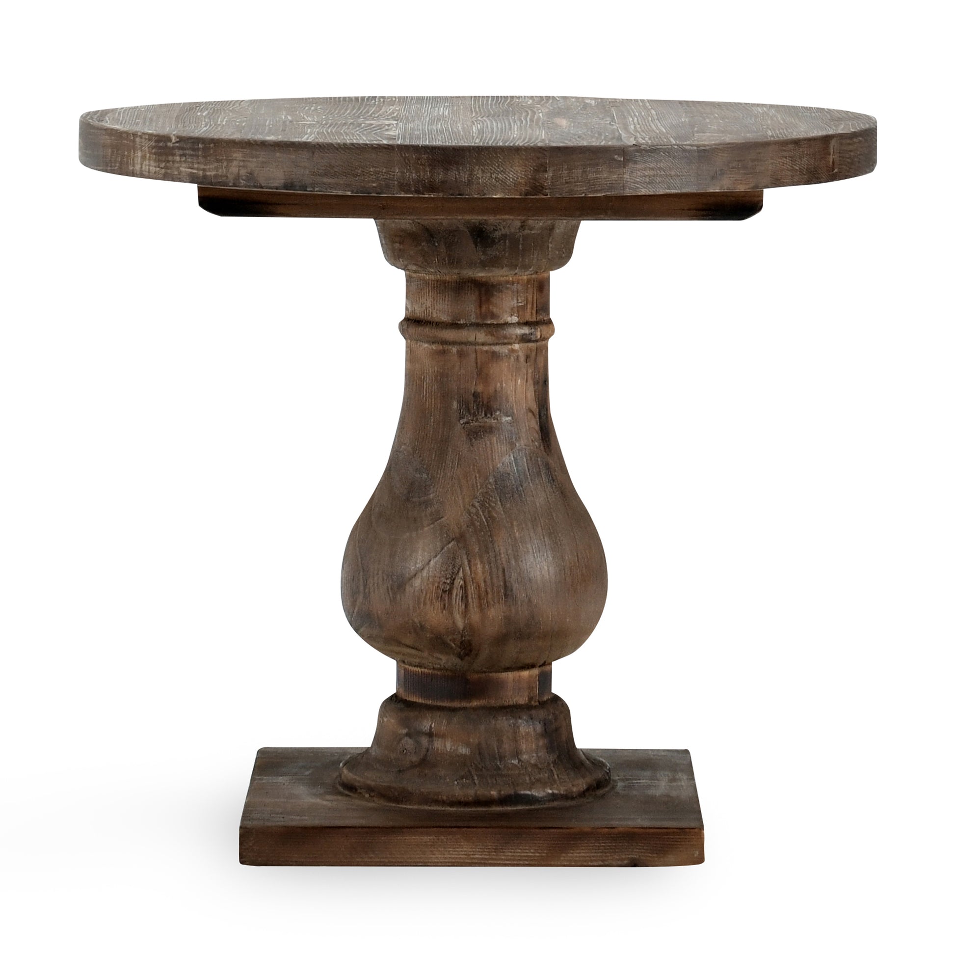 Rustic wooden pedestal side table with weathered finish and turned base