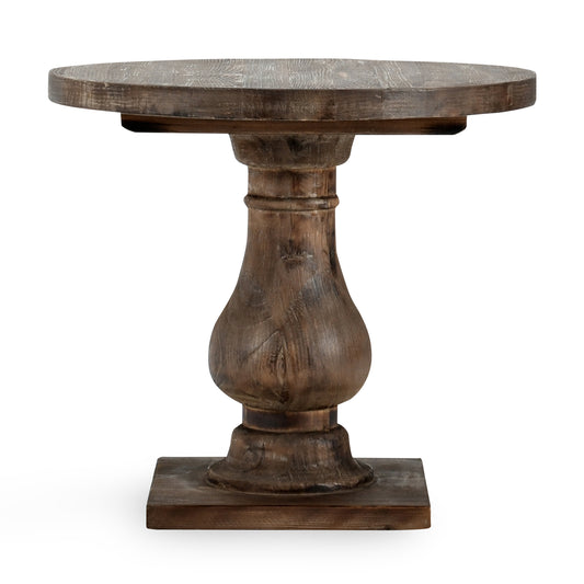 Rustic wooden pedestal side table with weathered finish and turned base