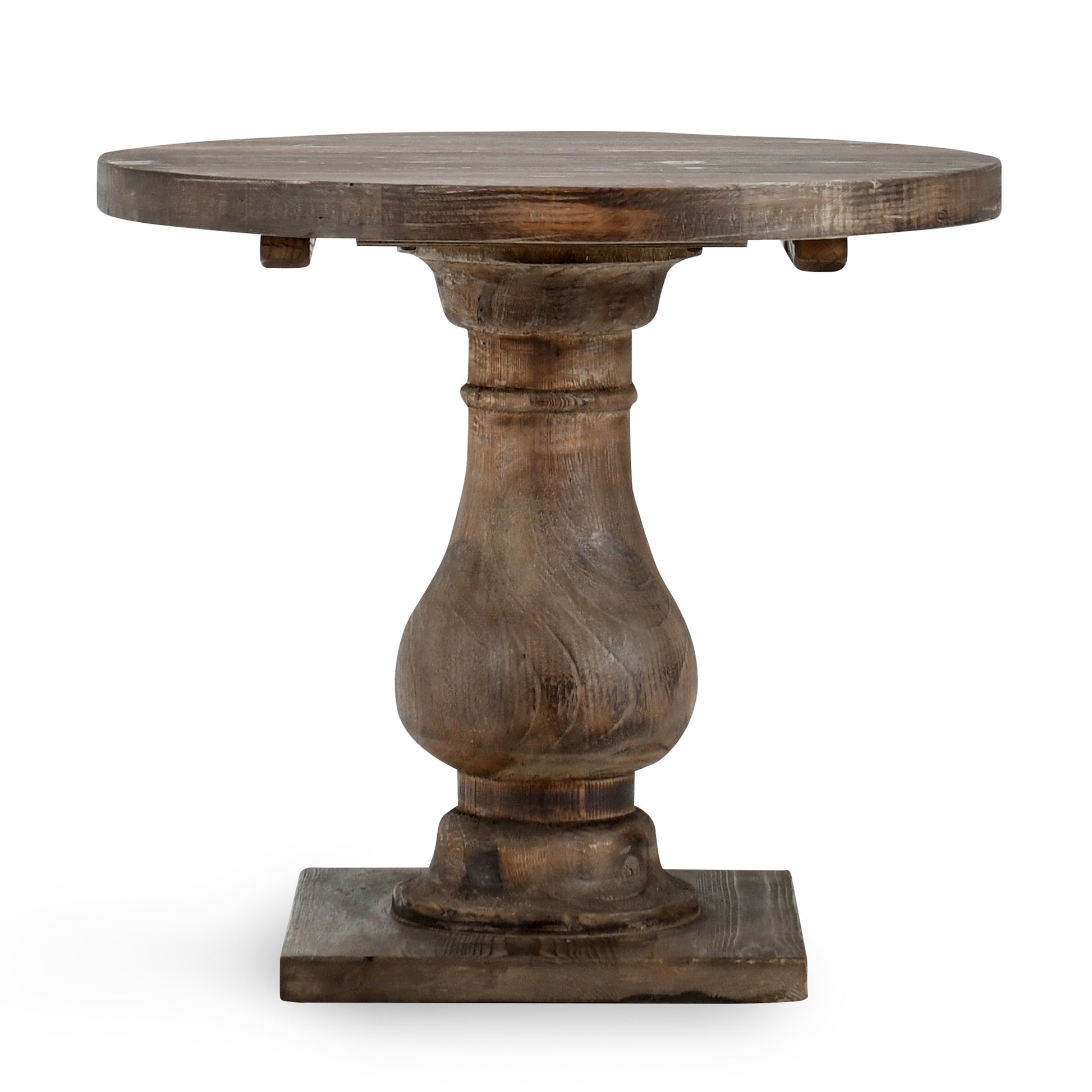 Rustic wooden pedestal table with a round top and turned base