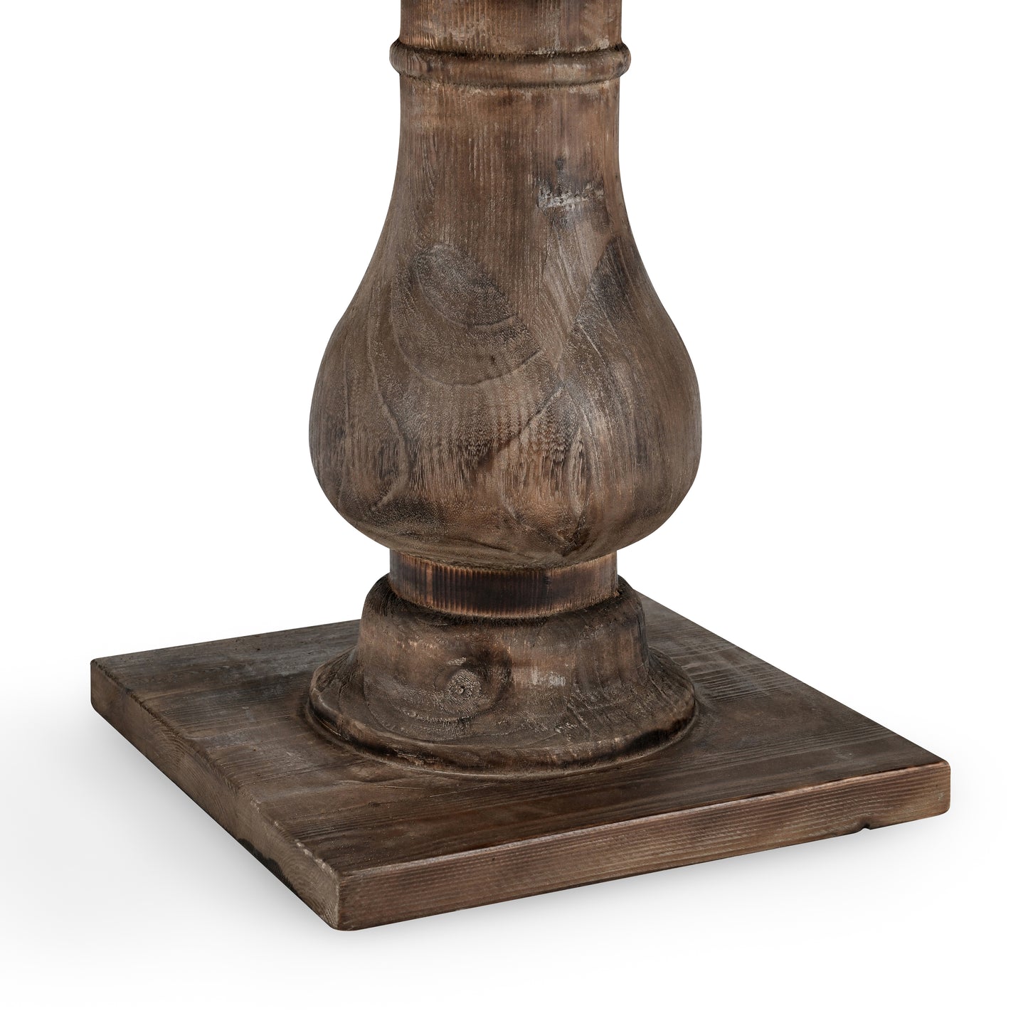 Rustic dark wood table pedestal base with distressed finish and carved detail