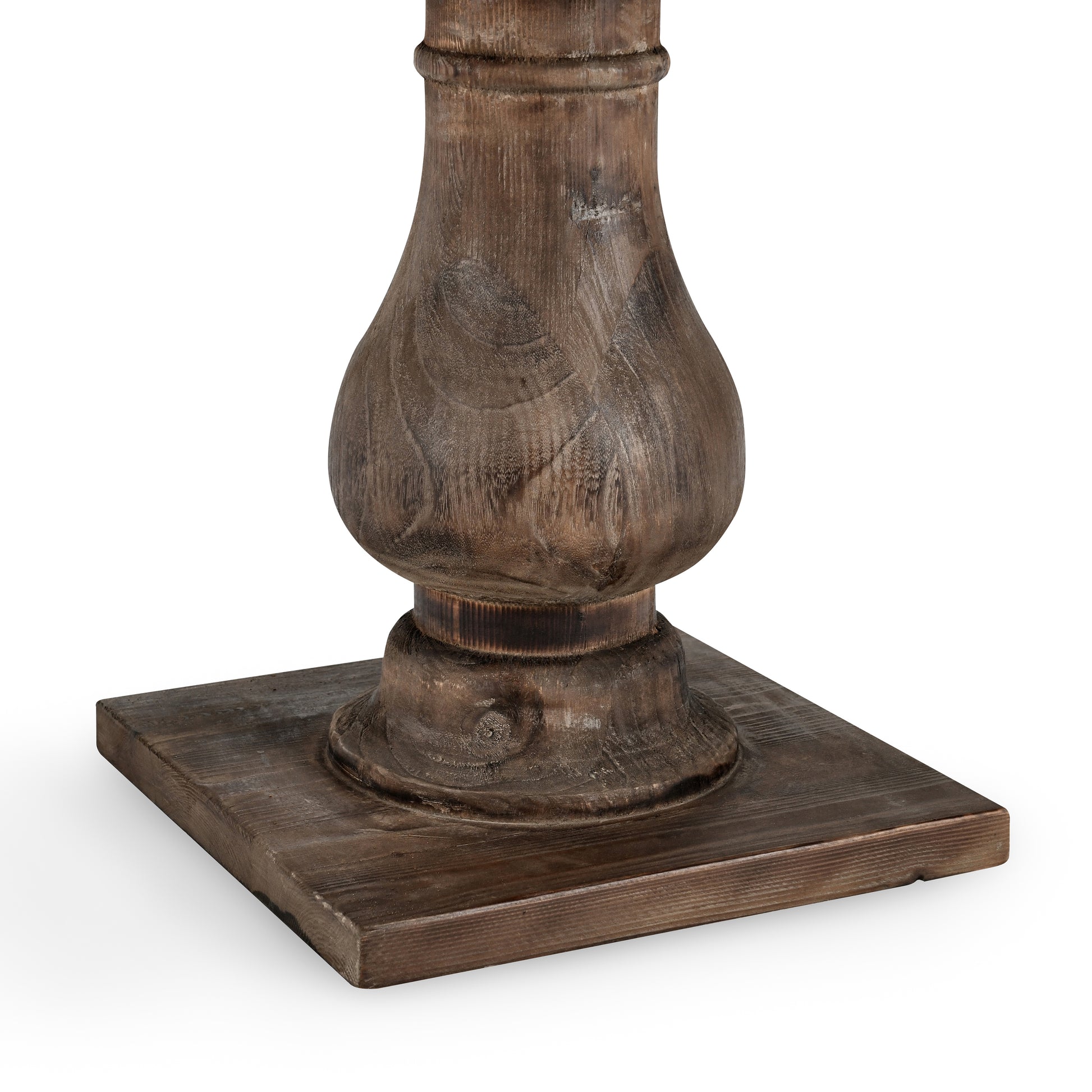 Rustic dark wood table pedestal base with distressed finish and carved detail