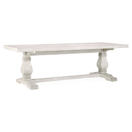 Distressed white wood farmhouse dining table with pedestal legs