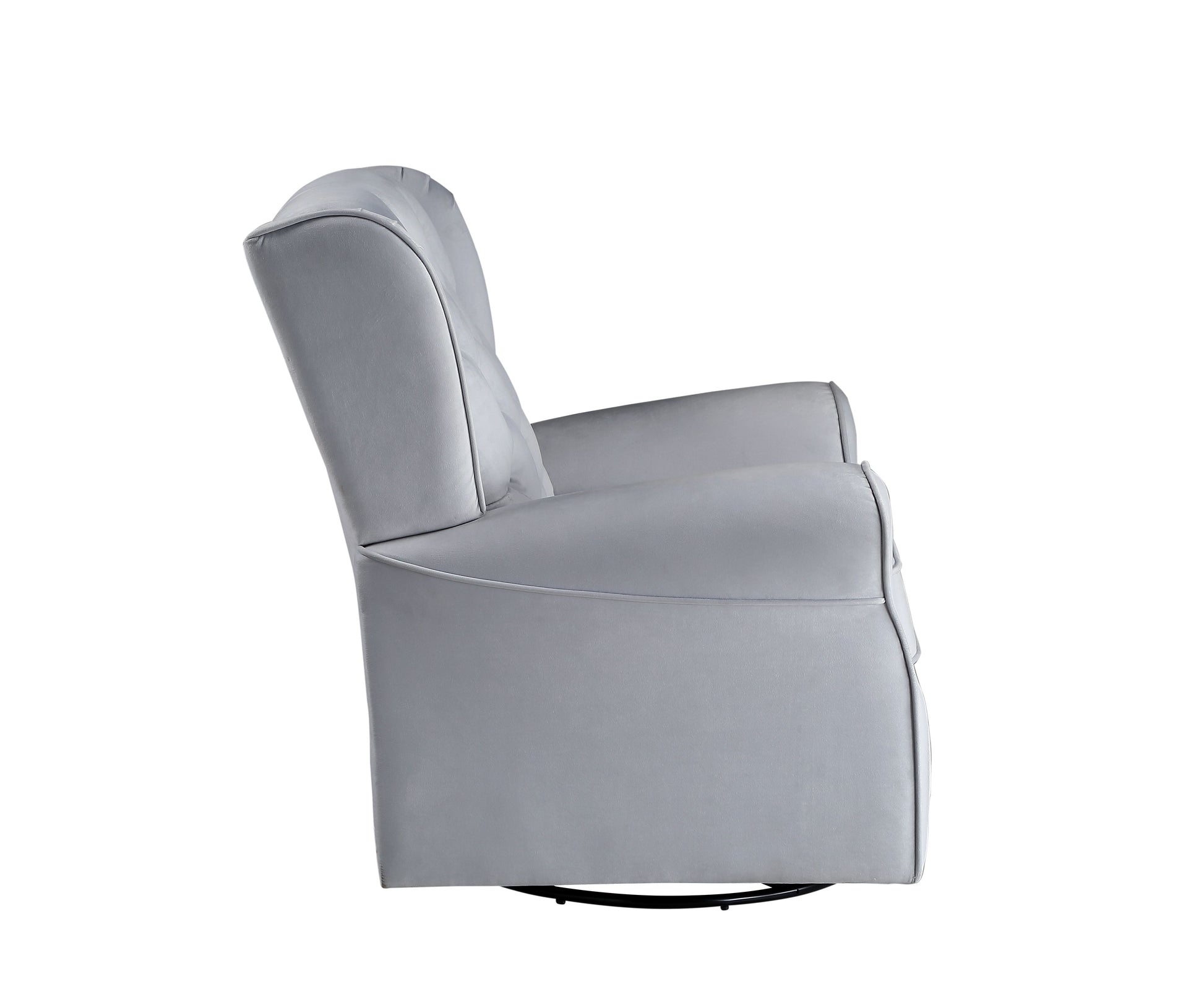 Gray upholstered swivel recliner chair with tufted back detail