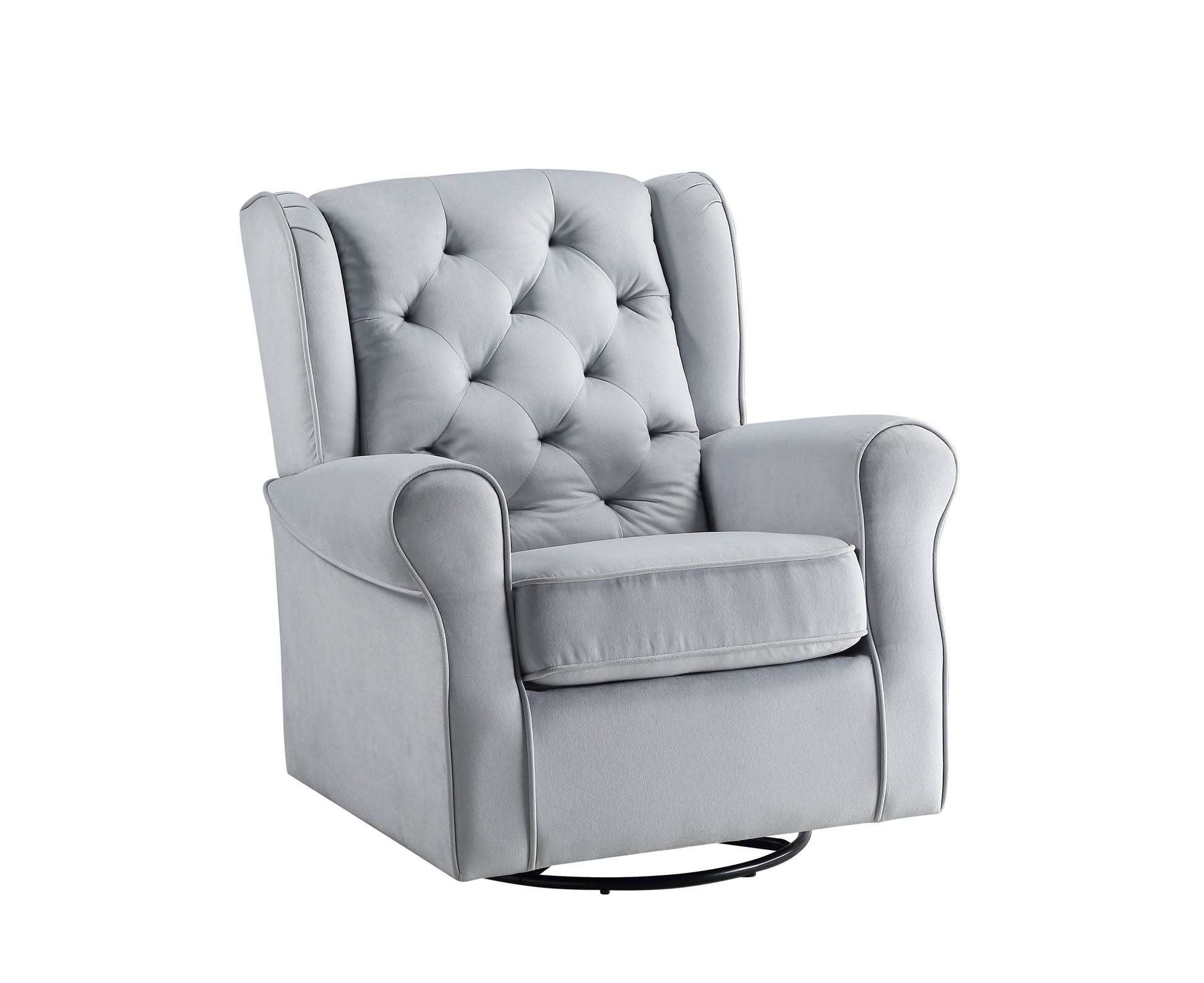 Plush gray velvet recliner chair with button tufting and padded arms perfect for nurseries