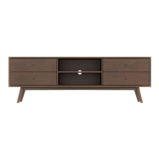 Dark wood media console with four drawers and open shelving for entertainment systems