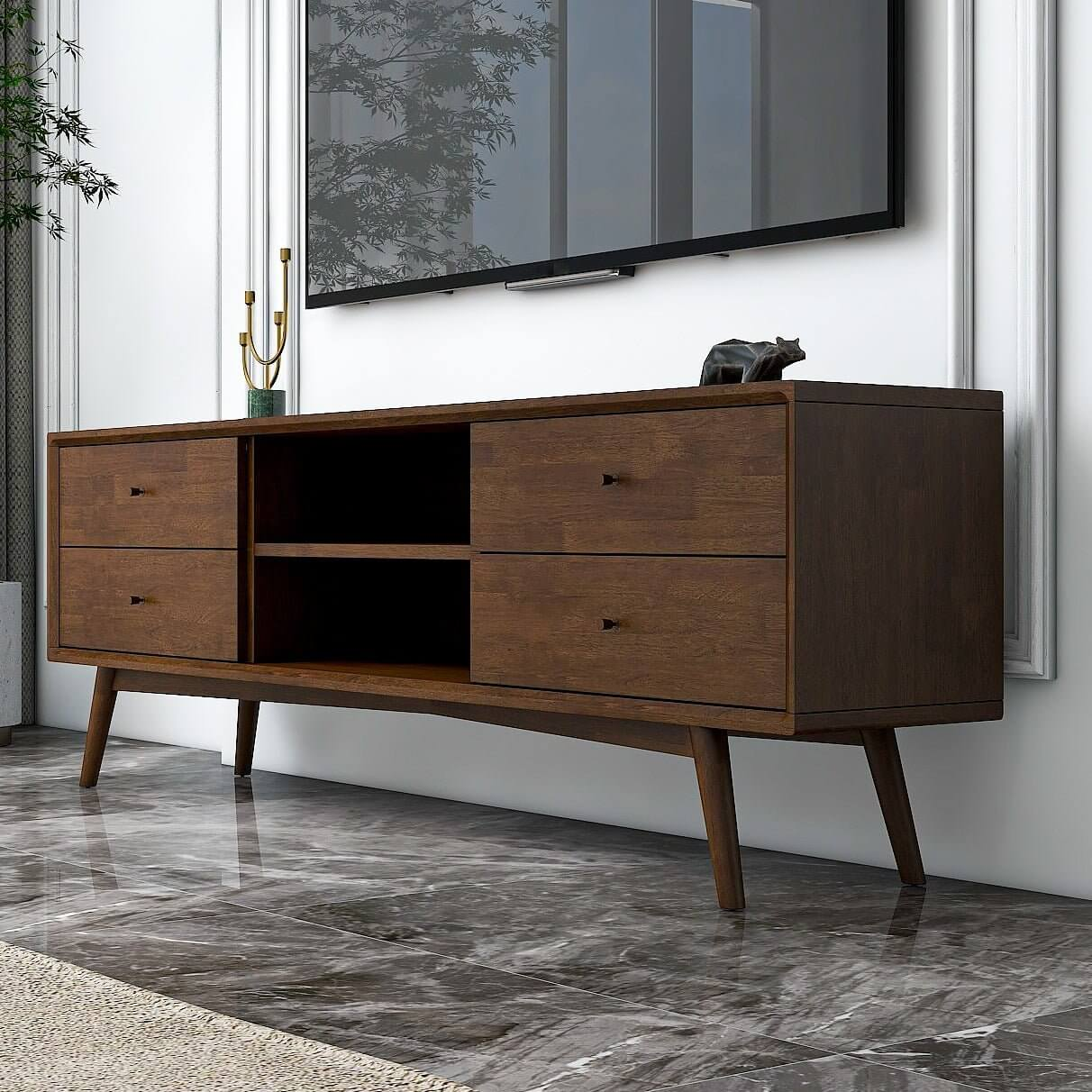 Midcentury modern dark wood tv stand with four drawers and open shelving