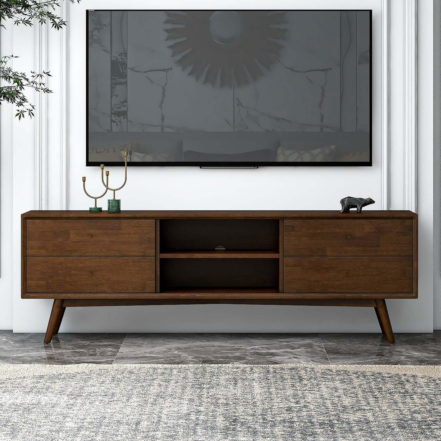 Midcentury modern media console in rich walnut wood with two drawers and open shelves