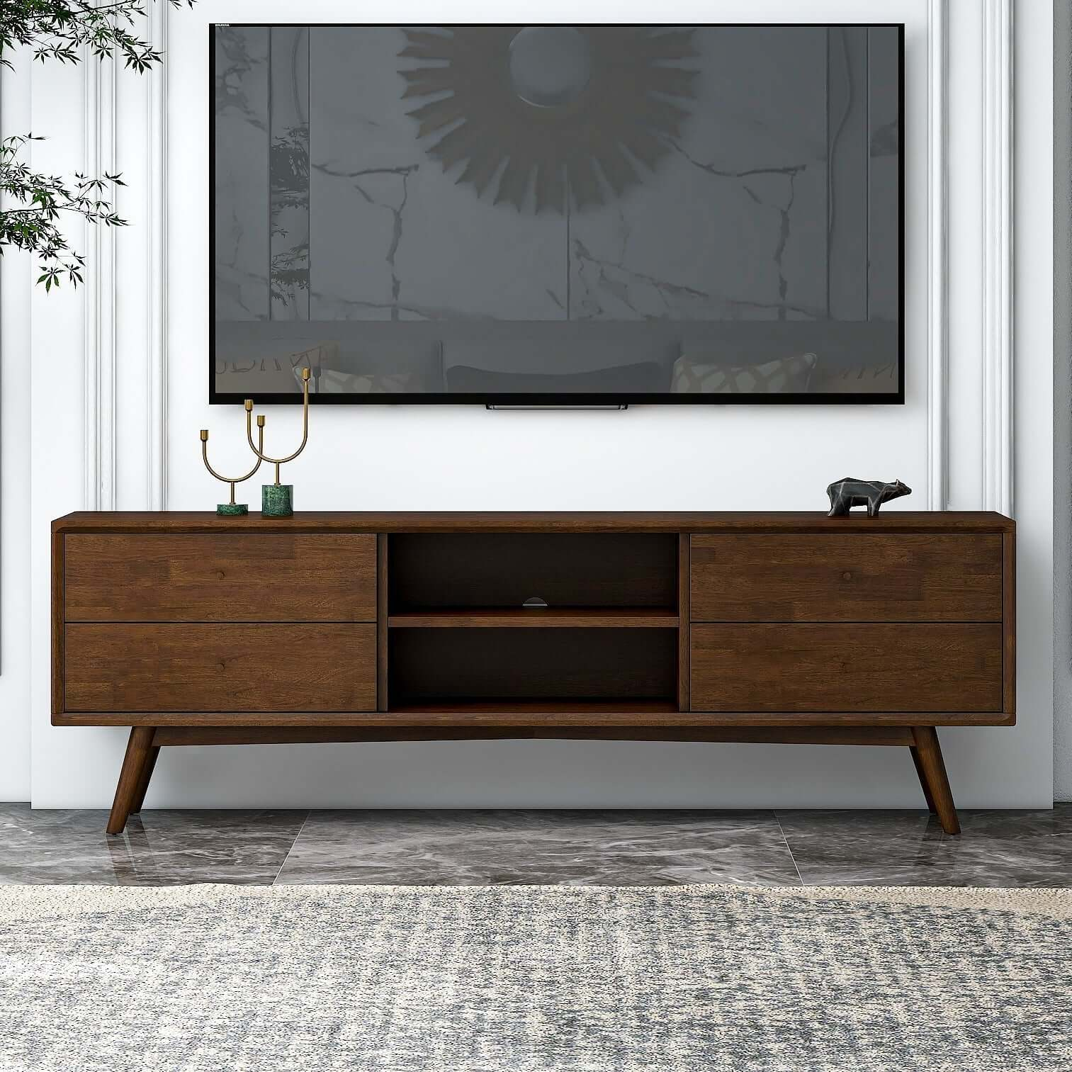 Midcentury modern media console in rich walnut wood with two drawers and open shelves