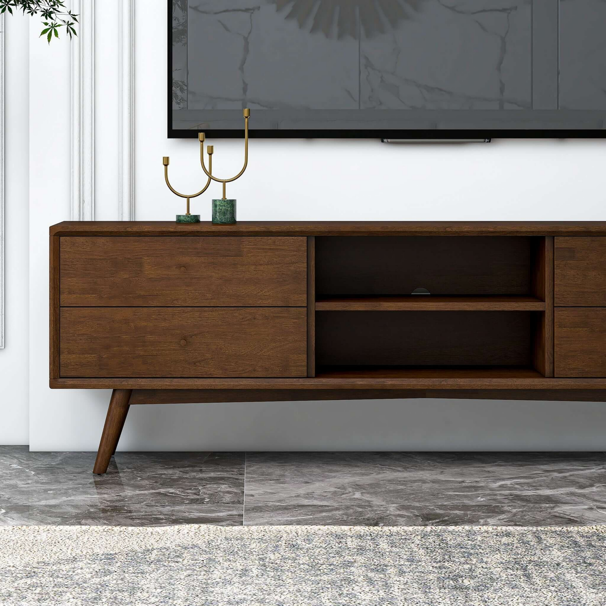 Midcentury modern walnut TV stand with two drawers and open shelves for media storage