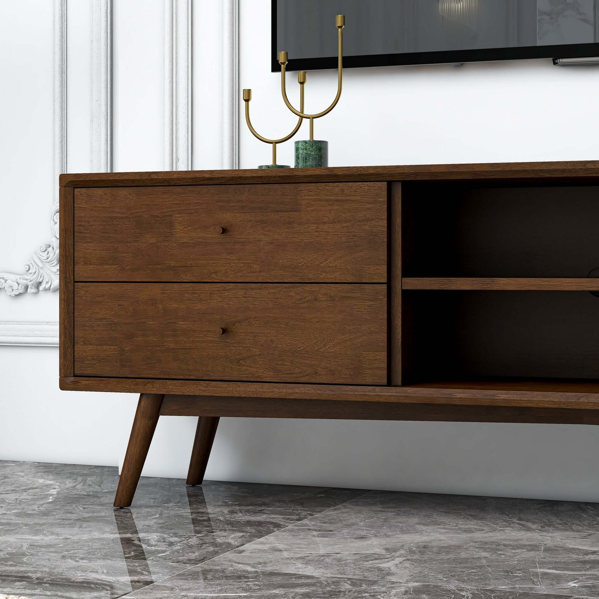 Dark wood midcentury modern tv stand with two drawers and open shelving