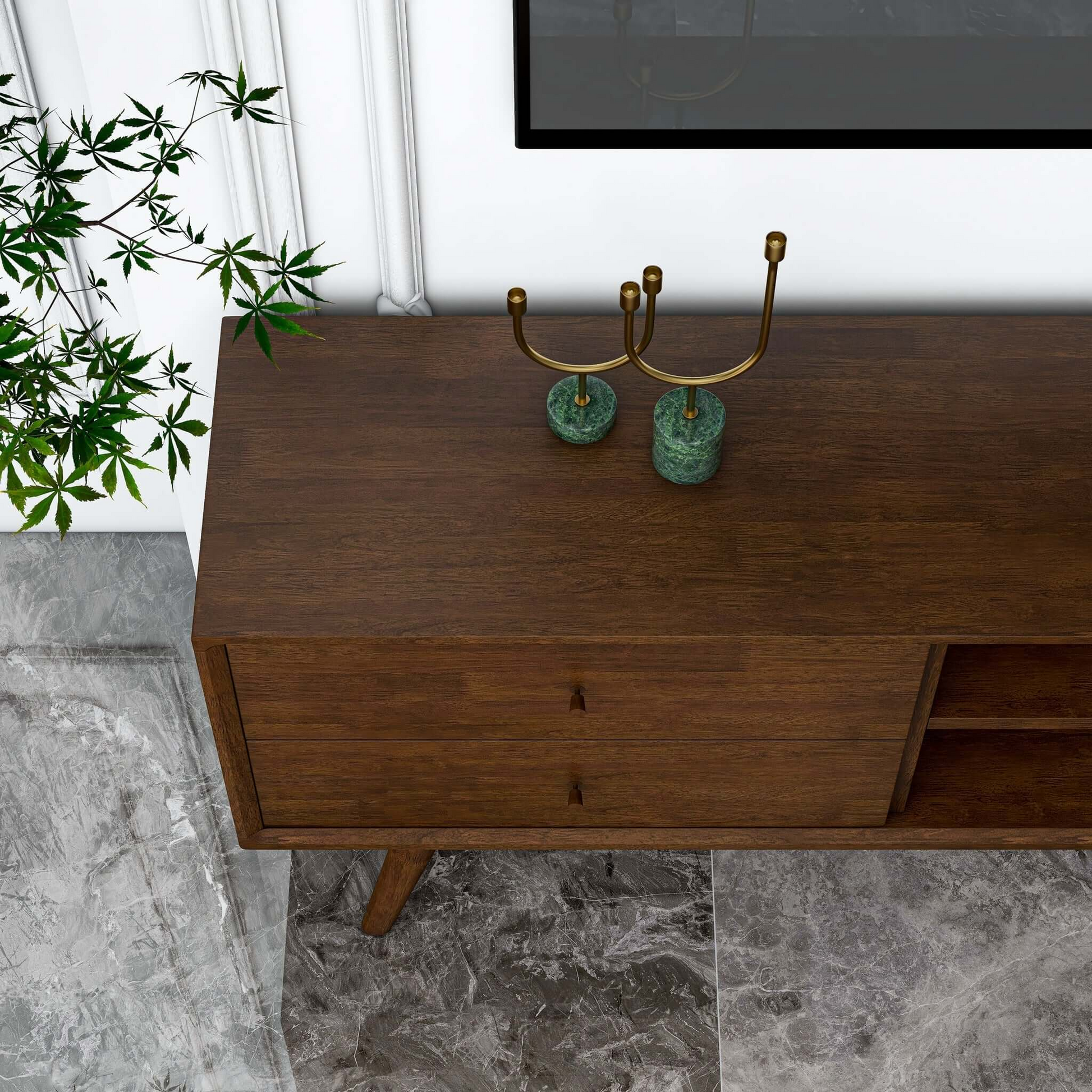 Midcentury modern walnut credenza with three drawers and open shelving