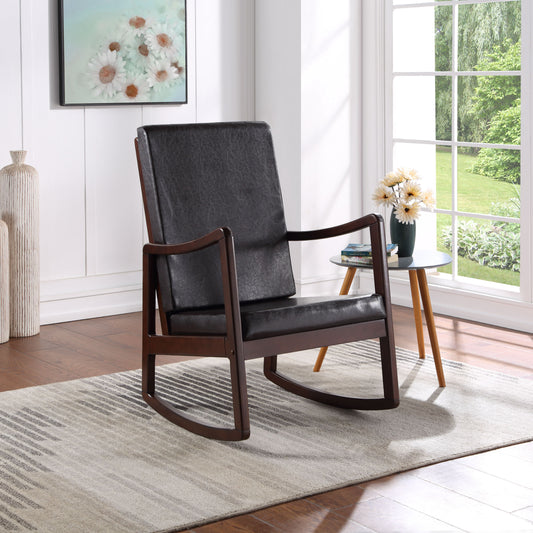 Dark brown faux leather rocking chair with wooden frame on striped rug