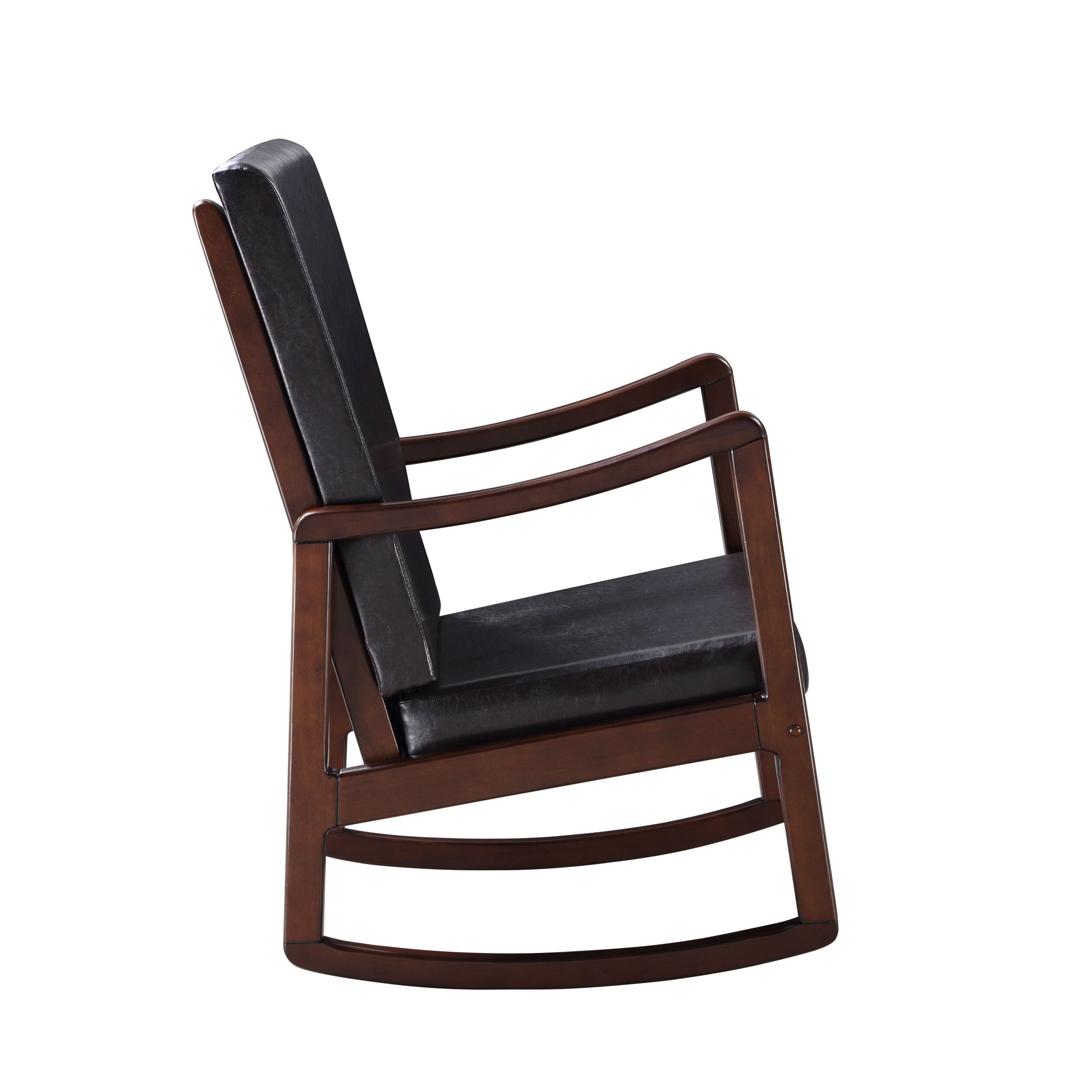 Dark brown wood and black leather rocking chair with curved arms for comfortable seating