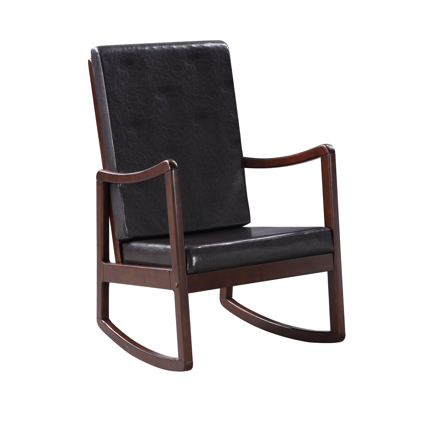 Dark brown leather rocking chair with polished wooden frame perfect for living rooms