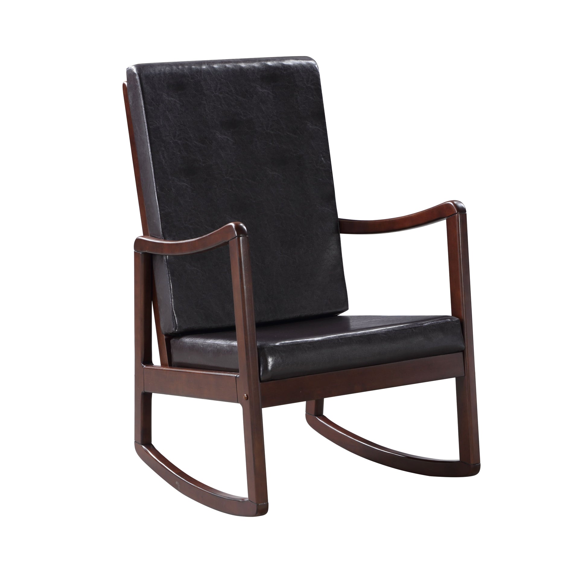 Dark brown leather rocking chair with polished wooden frame perfect for living rooms