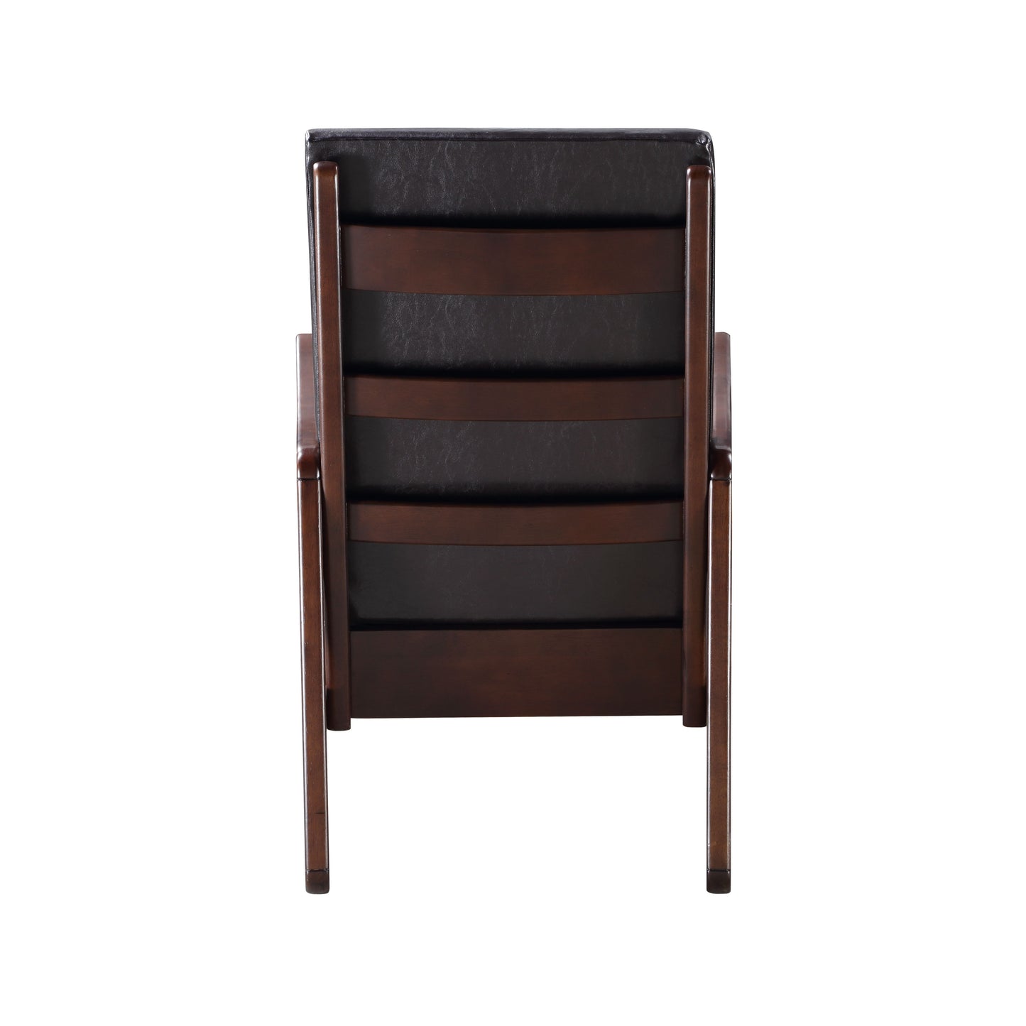 Back view of a dark brown leather and wood armchair with a midcentury modern design