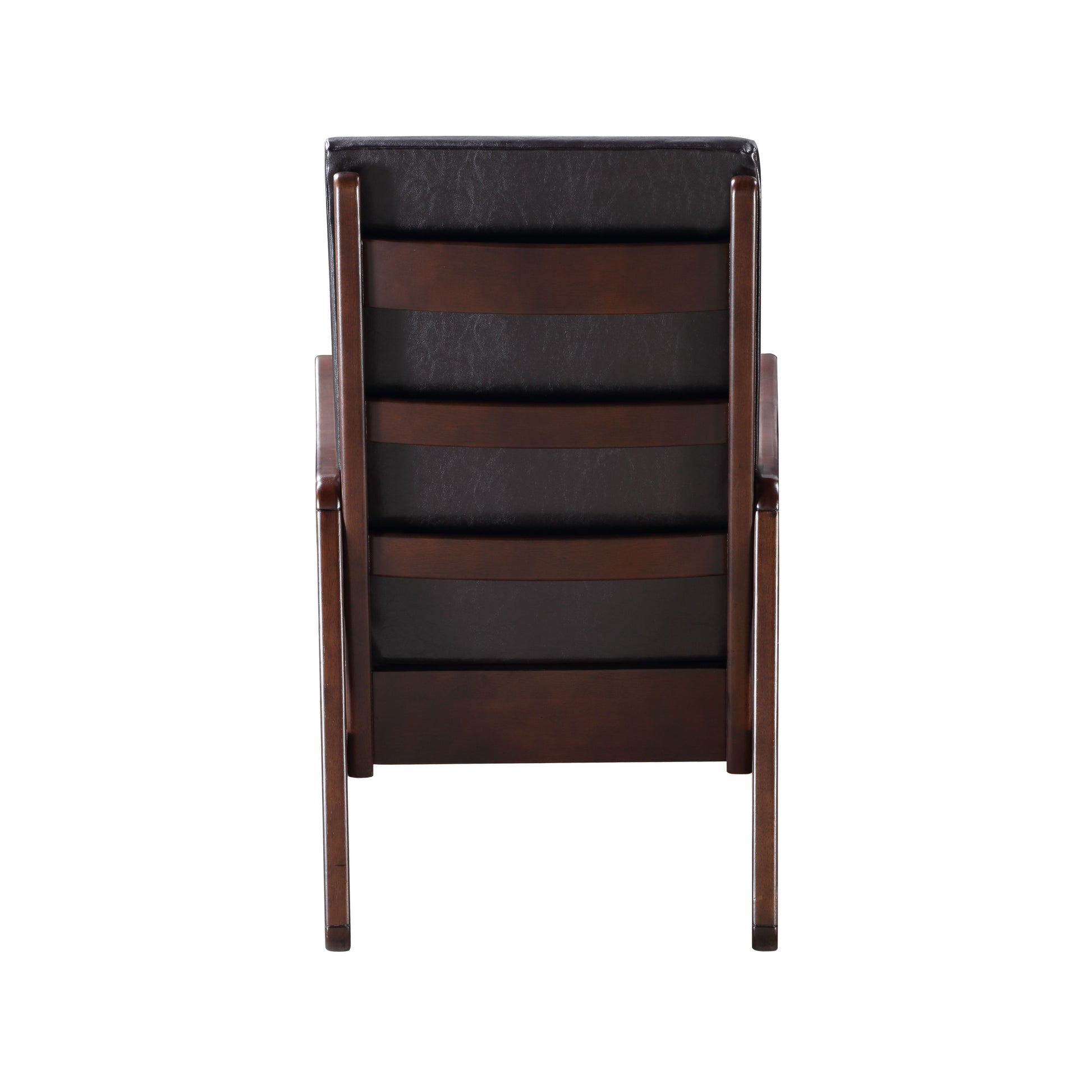 Back view of a dark brown leather and wood armchair with a midcentury modern design