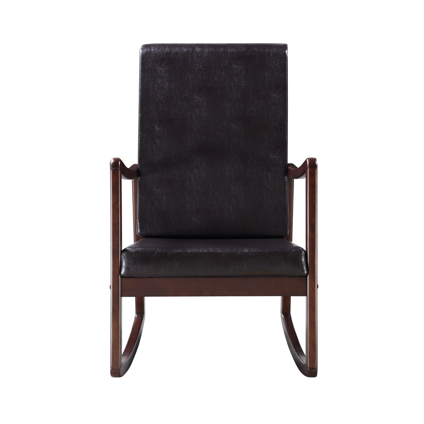 Dark brown faux leather rocking chair with wooden frame perfect for living rooms