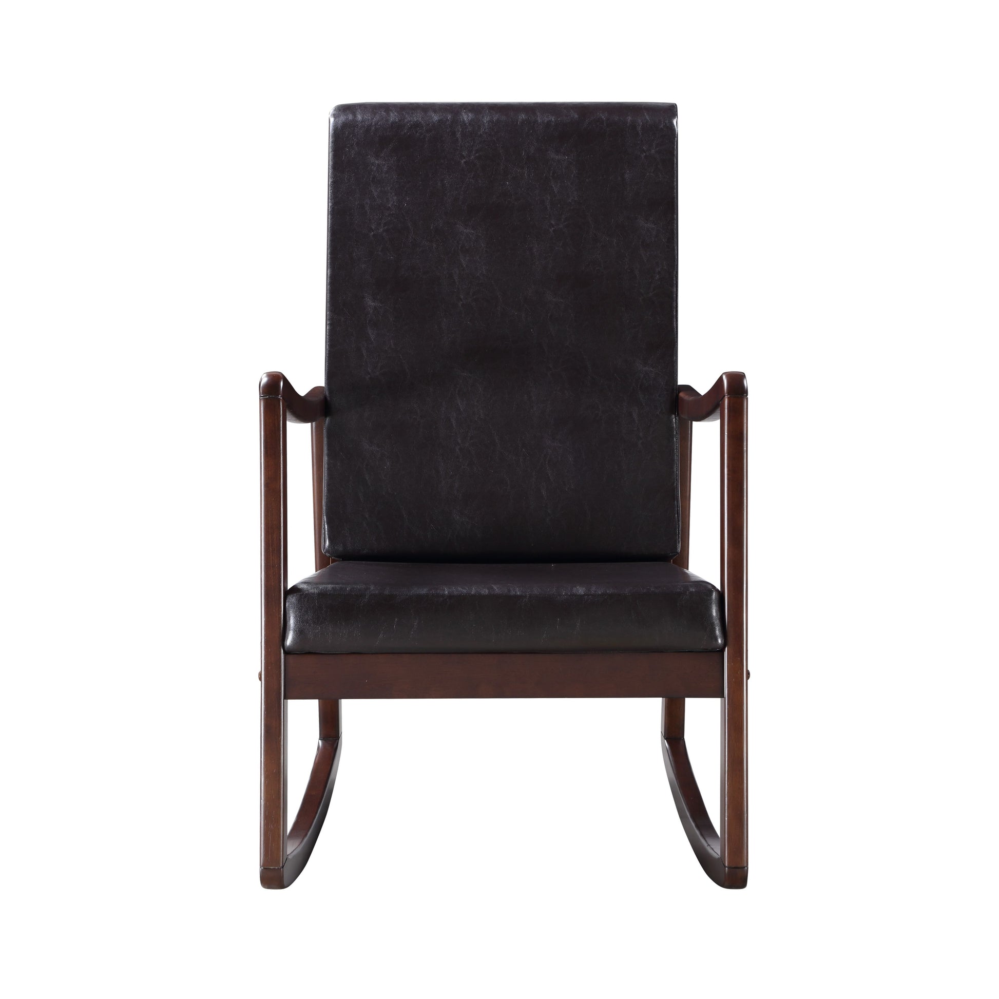 Dark brown faux leather rocking chair with wooden frame perfect for living rooms