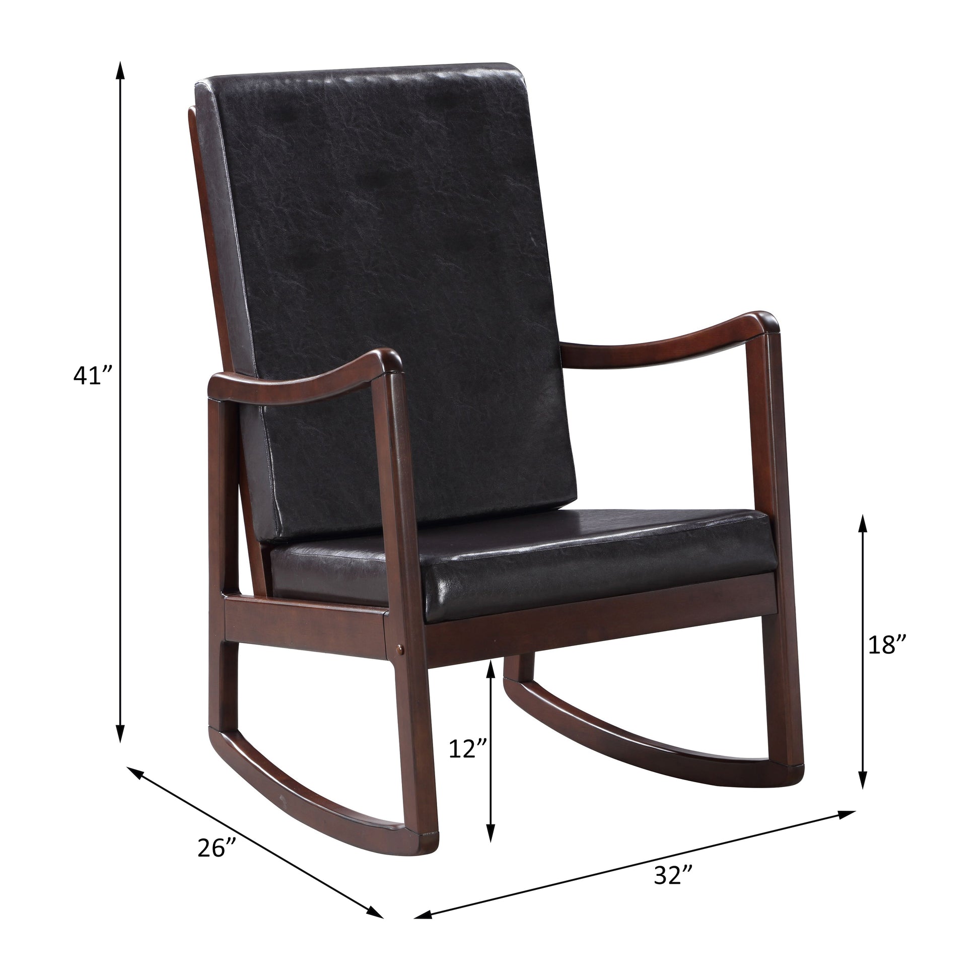 Dark brown faux leather rocking chair with curved wooden arms and base