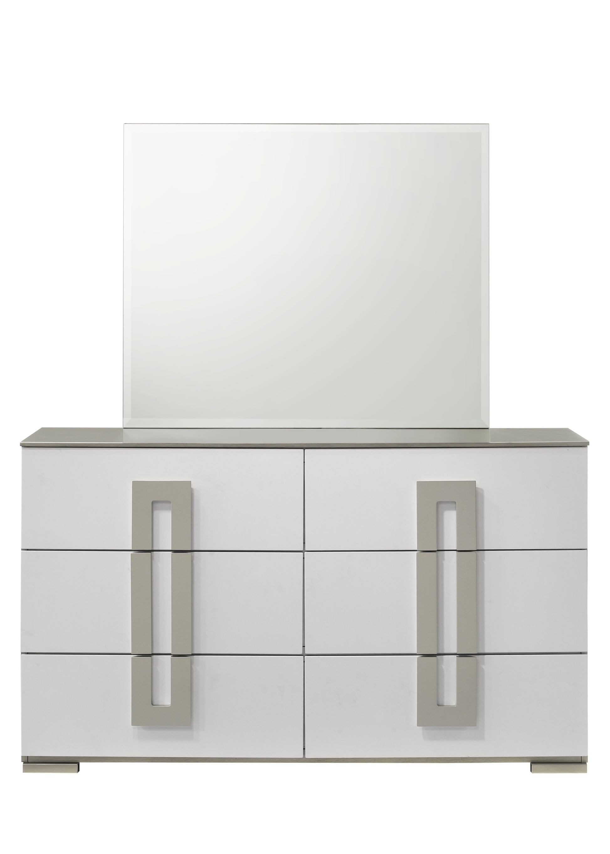Modern white sixdrawer dresser with brushed nickel handles and a large matching mirror