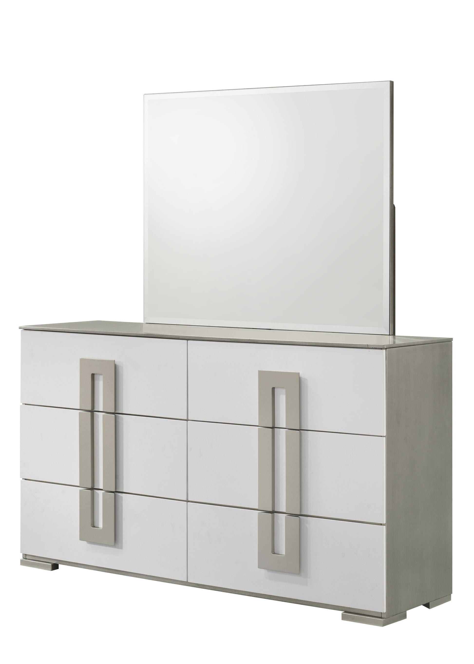 Modern white dresser with six drawers and a silver rectangular handle design featuring a matching mirrored top
