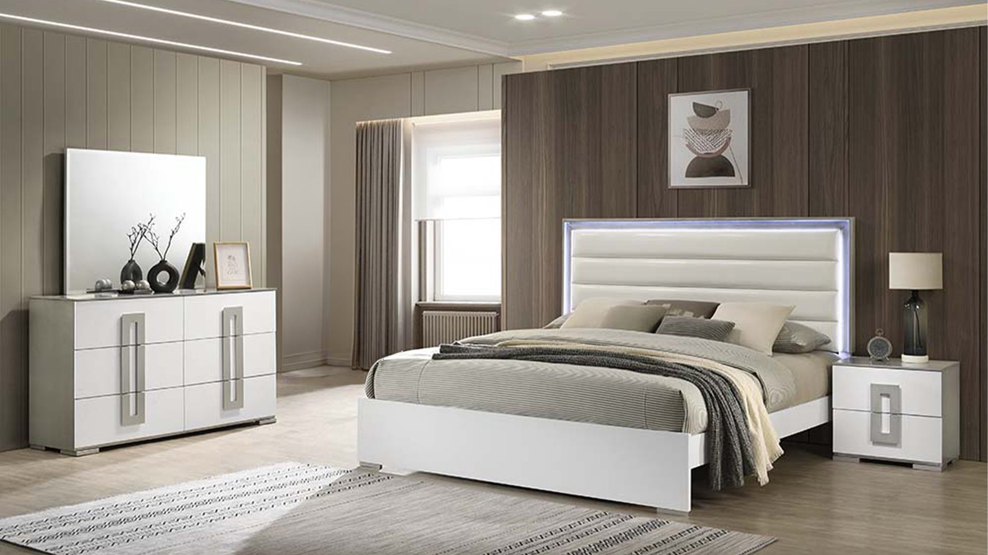 Modern white platform bed with upholstered headboard featuring LED lighting for a contemporary bedroom