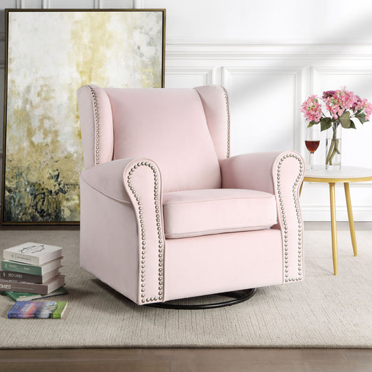 Pale pink velvet wingback glider with nailhead trim