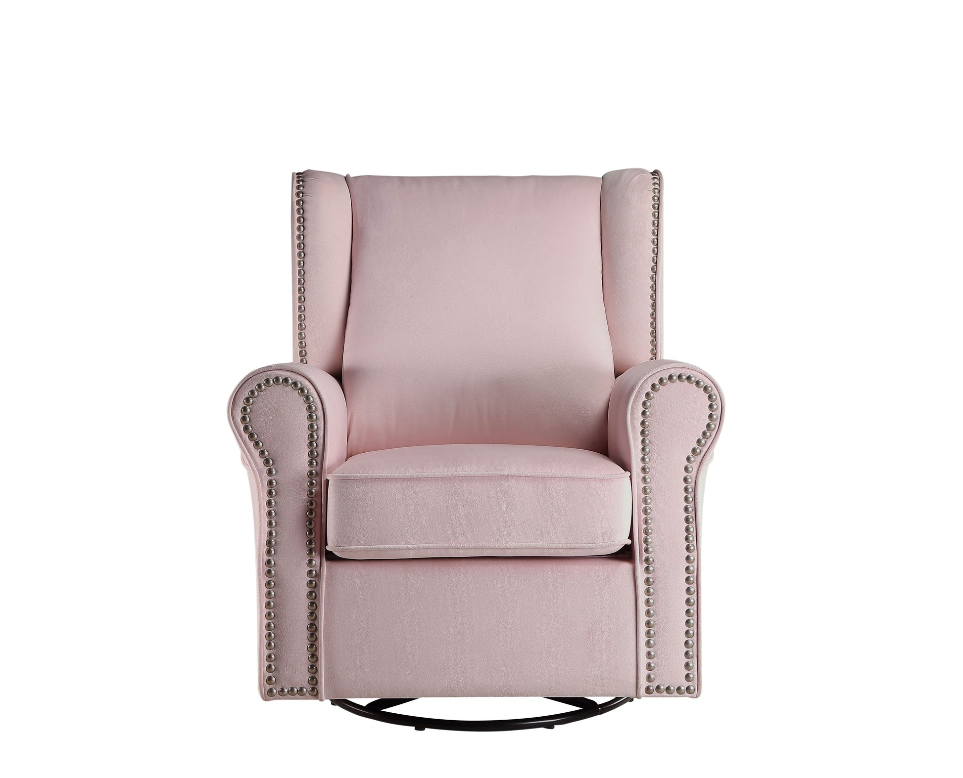 Pink velvet upholstered wingback glider chair with silver nailhead trim